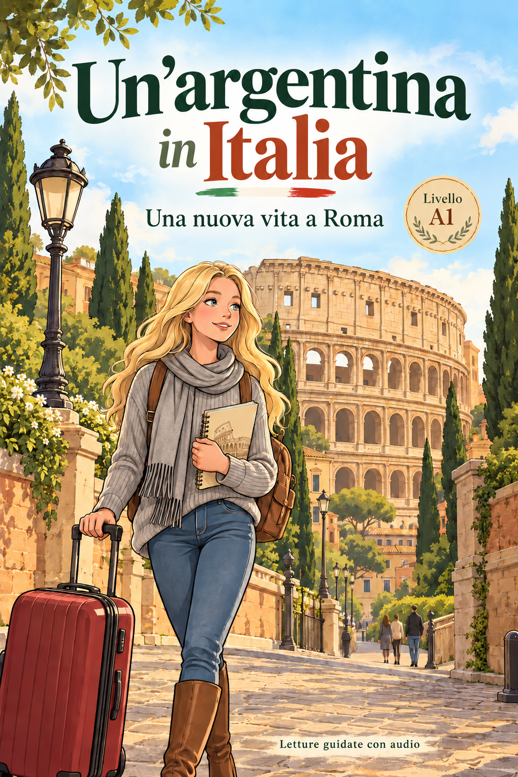 Portada de Un’argentina in Italia: Vittoria en Roma con su maleta y cuaderno